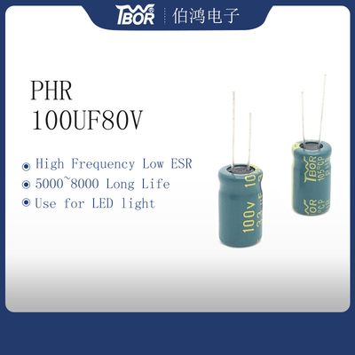 ความถี่สูง 100uF 80V ตัวเก็บประจุอลูมิเนียมอิเล็กโทรลีติค 10X20 มม. 5000 ชั่วโมง