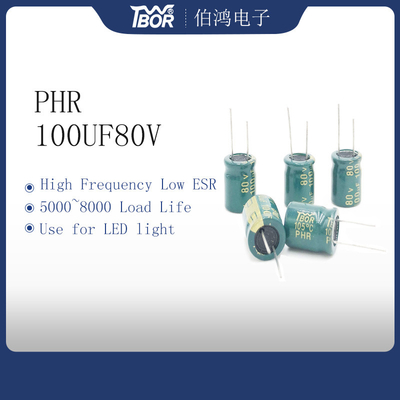 5000 ชั่วโมง 100UF80V ตัวเก็บประจุไฟ LED 10X20MM ISO14001