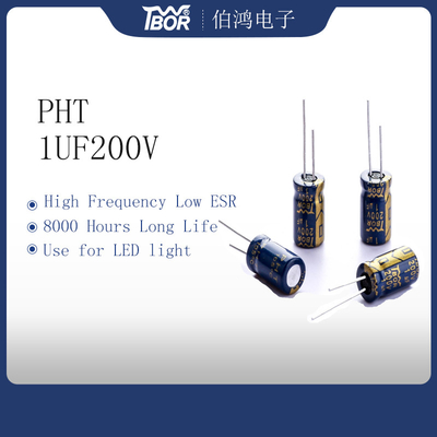 1UF200V ตัวเก็บประจุอลูมิเนียมอิเล็กโทรลีติค ESR ต่ำ 6.3x11 มม. 8000 ชั่วโมง