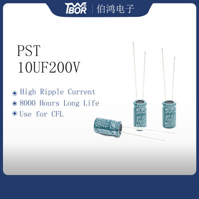 ISO9001 8X16MM ตัวเก็บประจุอลูมิเนียมอิเล็กโทรไลต์เรเดียล 10UF200V