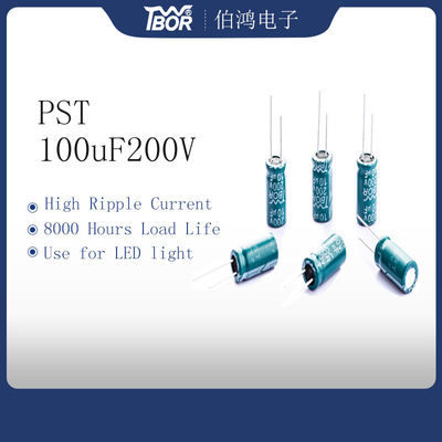 PST ตัวเก็บประจุไฟ LED สีเขียว 100 ยูเอฟ 200 โวลต์ 8000 ชั่วโมงยาวนาน